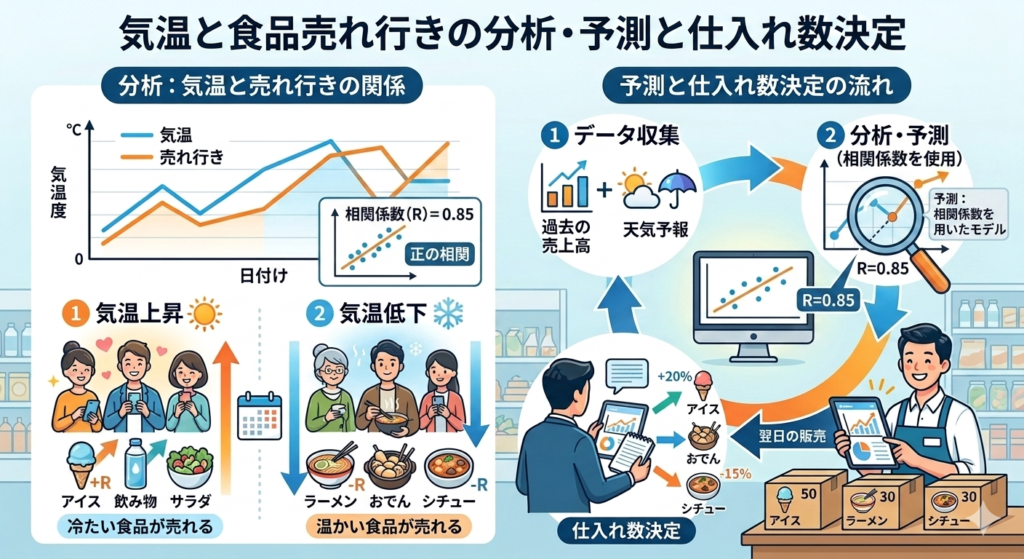 相関係数を活用して、気温と食品の売れ行きの関係を分析・予測し仕入れ数を決定