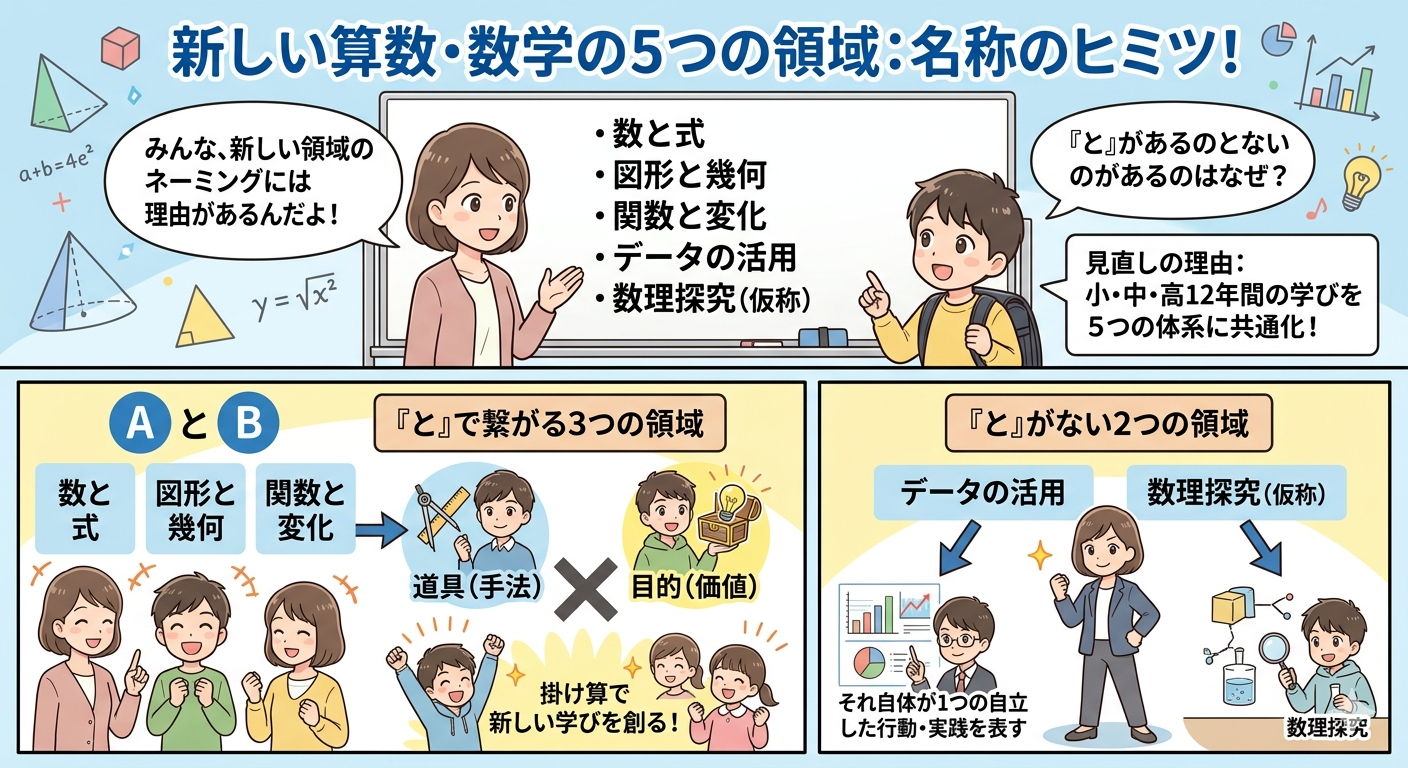 数と式・図形と幾何・関数と変化・データの活用・数理探究のネーミングから見える次期学習指導要領のねらい