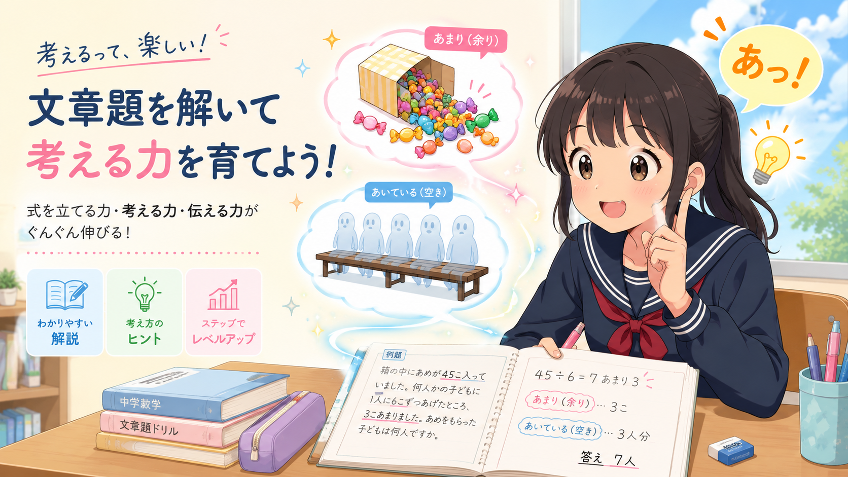 【中1数学】方程式の過不足問題が解ける！長椅子やアメの教え方