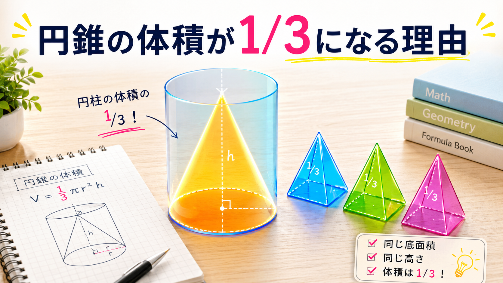 【なぜ？】円錐の体積公式に1/3をかける理由を中学生向けに簡単証明！
